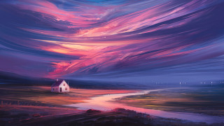 House field stream purple sky - alena aenami free wallpaper
