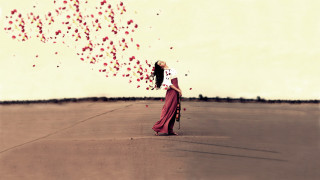 Woman balloons bicycle cherryblossoms hakama - a long dress free wallpaper