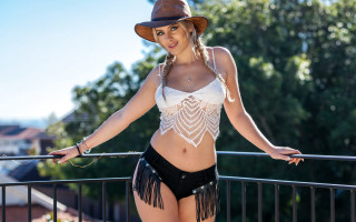 Woman bikini hat posing railing - a balcony free wallpaper