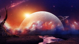 Planet river star sunset mountains - a distant star in the background free wallpaper