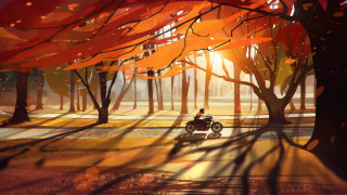 Motorcycle park autumn leaves sunset - a person riding free wallpaper