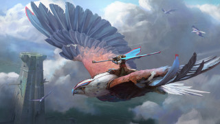 Woman riding bird sword clouds - a painting of a woman riding free wallpaper