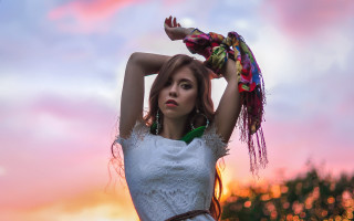 Woman white dress holding hair - her hand behind her head free wallpaper