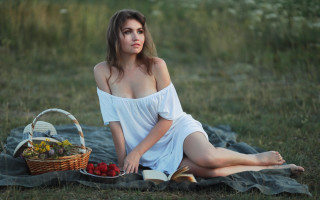 Woman basket strawberries blanket outdoors - in a field free wallpaper