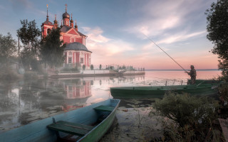Fishing lake boat church sunset - mystical free wallpaper