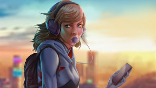 Blonde woman headphones book smartphone - comic cover art free wallpaper for desktop
