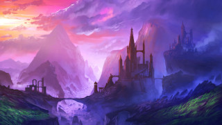Castle mountain landscape sunset fantasy - christophe vacher free wallpaper