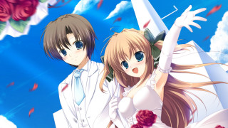 Anime characters blue sky flowers - two anime character free wallpaper