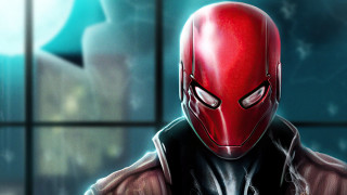 Man red mask jacket looking - a window behind free wallpaper