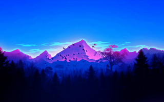 Mountain trees birds sunset purple - a painting of a mountain free wallpaper