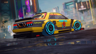 Yellow car blue wheels cyberpunk - octane free wallpaper