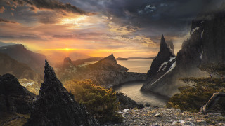 Sunset mountain lake clouds fantasy - a cloudy sky free wallpaper