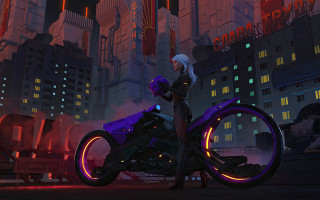 Woman motorcycle neon city night 2 - neon free wallpaper