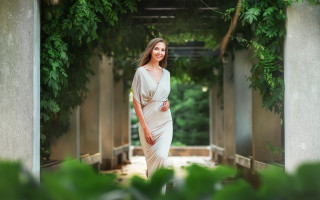 Woman white dress greenery smiling - neoclassicism free wallpaper