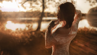Woman lake trees white dress - her face free wallpaper for desktop