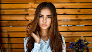 Woman long hair portrait flower - a wooden wall free wallpaper