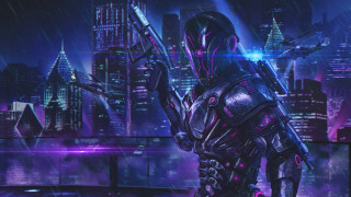 Futuristic suit man sword cityscape - neon free wallpaper