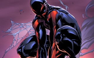 Man black suit crouching purple - his leg free wallpaper