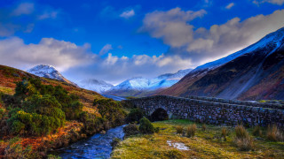 Stone bridge valley mountains cloudy - archibald skirving free wallpaper