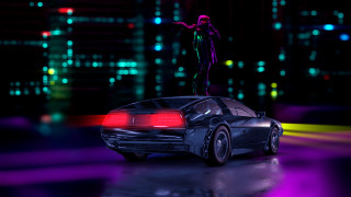 Neon cyberpunk car man city - synthwave style free wallpaper