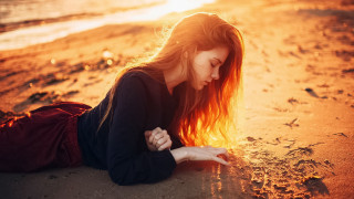 Beach woman sunset fire autumn - alena aenami free wallpaper