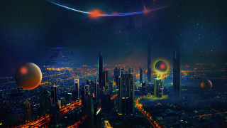 Futuristic city night planet skyline - free sci-fi wallpaper