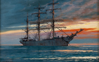Sunset ship ocean clouds matte - matte drawing free wallpaper
