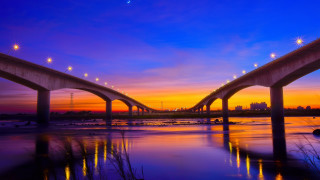Bridge water sunset lights city - sunset free wallpaper