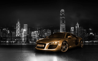 Gold sports car city skyline 3 - matte drawing free wallpaper