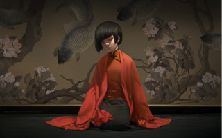 Woman red kimono fish flowers - fish free wallpaper