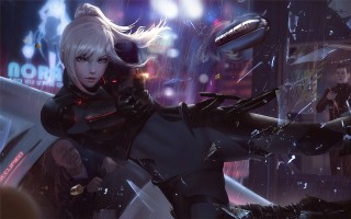 Futuristic woman city night cyberpunk - a gun in a city free wallpaper