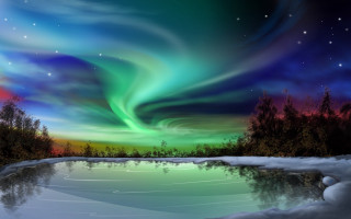 Aurora borealis frozen lake woods 2 - mystical free wallpaper