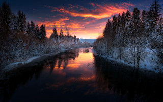 River sunset trees snow winter - the foreground and a snow free wallpaper
