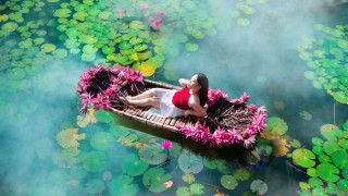 Woman red dress floating pond - a red dress free wallpaper for desktop