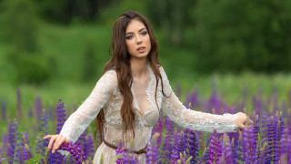 Woman white dress purple flowers - impressionism free wallpaper