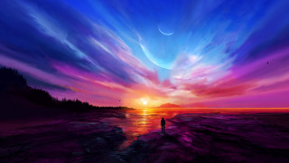 Beach sunset clouds moon horizon - cyril rolando free wallpaper