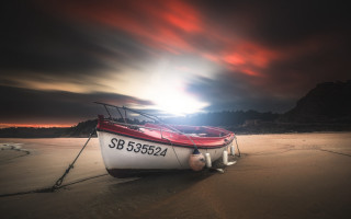 Boat beach night clouds mountain - night time free wallpaper for desktop
