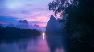 Lake mountain sunset fog landscape - fog free wallpaper