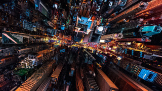 Train station night cyberpunk cityscape - deconstructivism free wallpaper