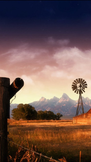 Windmill barn field mountains sunset 2 - dawn free wallpaper