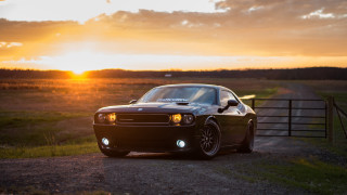 Black car dirt road fence - the sun setting free wallpaper