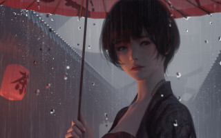 Woman umbrella rain red lantern - art station free wallpaper