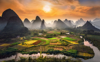 Mountain fields river sunset sky - the middle of the picture free wallpaper