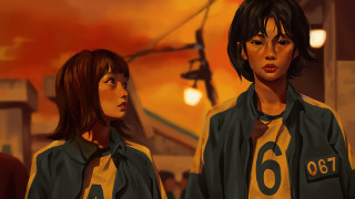 Two women green jackets sunset - a street light free wallpaper