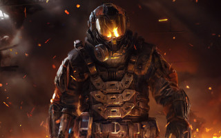 Futuristic man fire smoke gun - game art free wallpaper