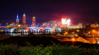 City skyline bridge fireworks night - a bridge and buildings free wallpaper