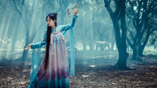 Woman blue dress fan forest - horse free wallpaper