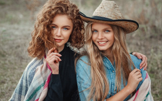 Two women hats scarves posing - a picture together free wallpaper