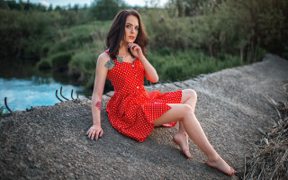 Red dress river nature sitting - kitsch movement free wallpaper