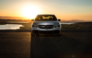 Silver car lake road sunset - the car free wallpaper
